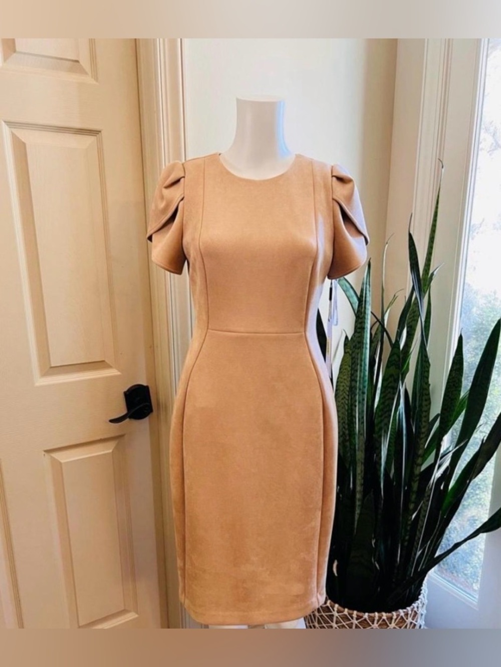 Calvin Klein Faux Suede Dress Size 6 Tulip Sleeve Sheath Neutral Tan NWT